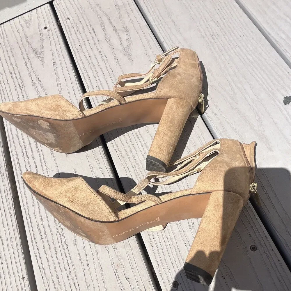 Adrienne Vittadini Women’s Beige Suede Pointed Toe Strappy Block Heels US 10